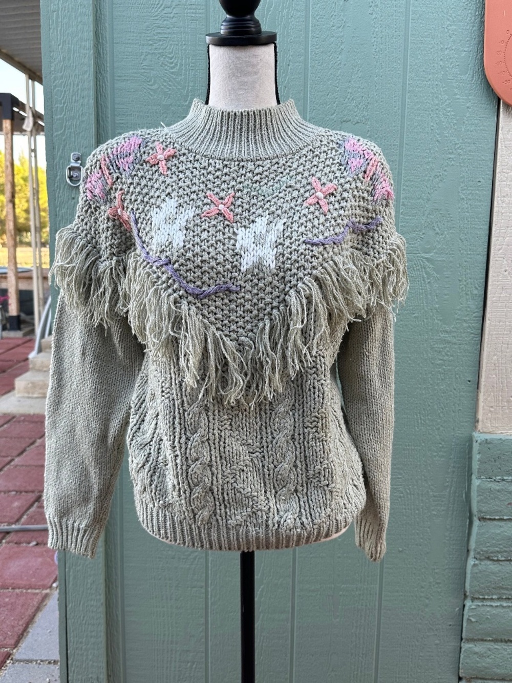 Vintage FRINGED 80s Hand Knit Sweater: Embroidered Floral Fringe, Large